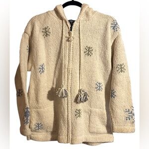 Vintage Ande Wear Hand Knit Hooded Sweater Ecuador Wool Cotton Tassel Boho. Med